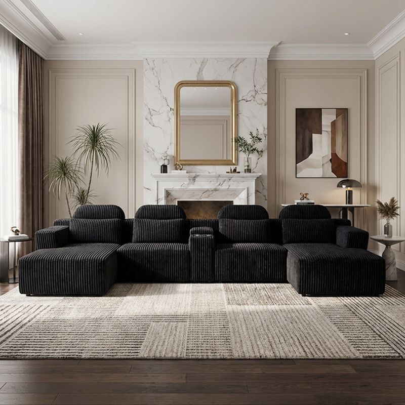 Modern Black corduroy 6-seater U-shaped sofa with lounge chair and cup holder -145.7 inch oversized modular compression sofa, suitable for home theaters, luxury living spaces, tool free assembly image 1
