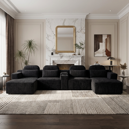 Modern Black corduroy 6-seater U-shaped sofa with lounge chair and cup holder -145.7 inch oversized modular compression sofa, suitable for home theaters, luxury living spaces, tool free assembly image 1
