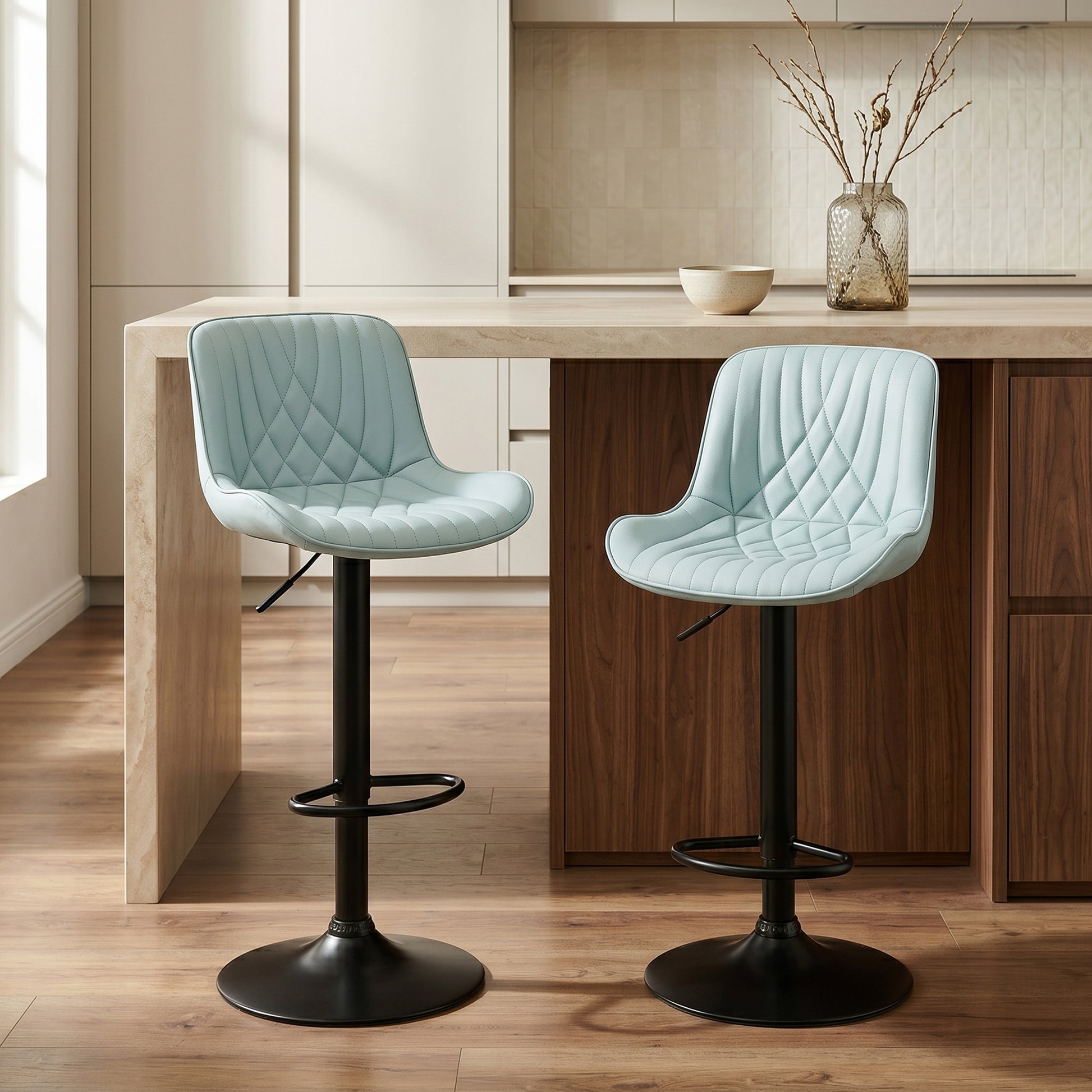 Kovyn Contemporary Adjustable Barstool with Faux Leather Swivel Seats, Set of 2, Blue image 1