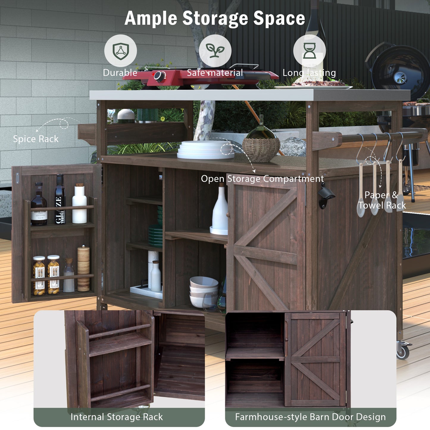 K&K Outdoor Kitchen Island, Rolling Bar Cart & Storage Cabinet, Farmhouse Solid Wood Outdoor Grill Table with Stainless Steel Top, Spice Rack, Towel Rack for Kitchen & Barbecue, Dark Brown image 4