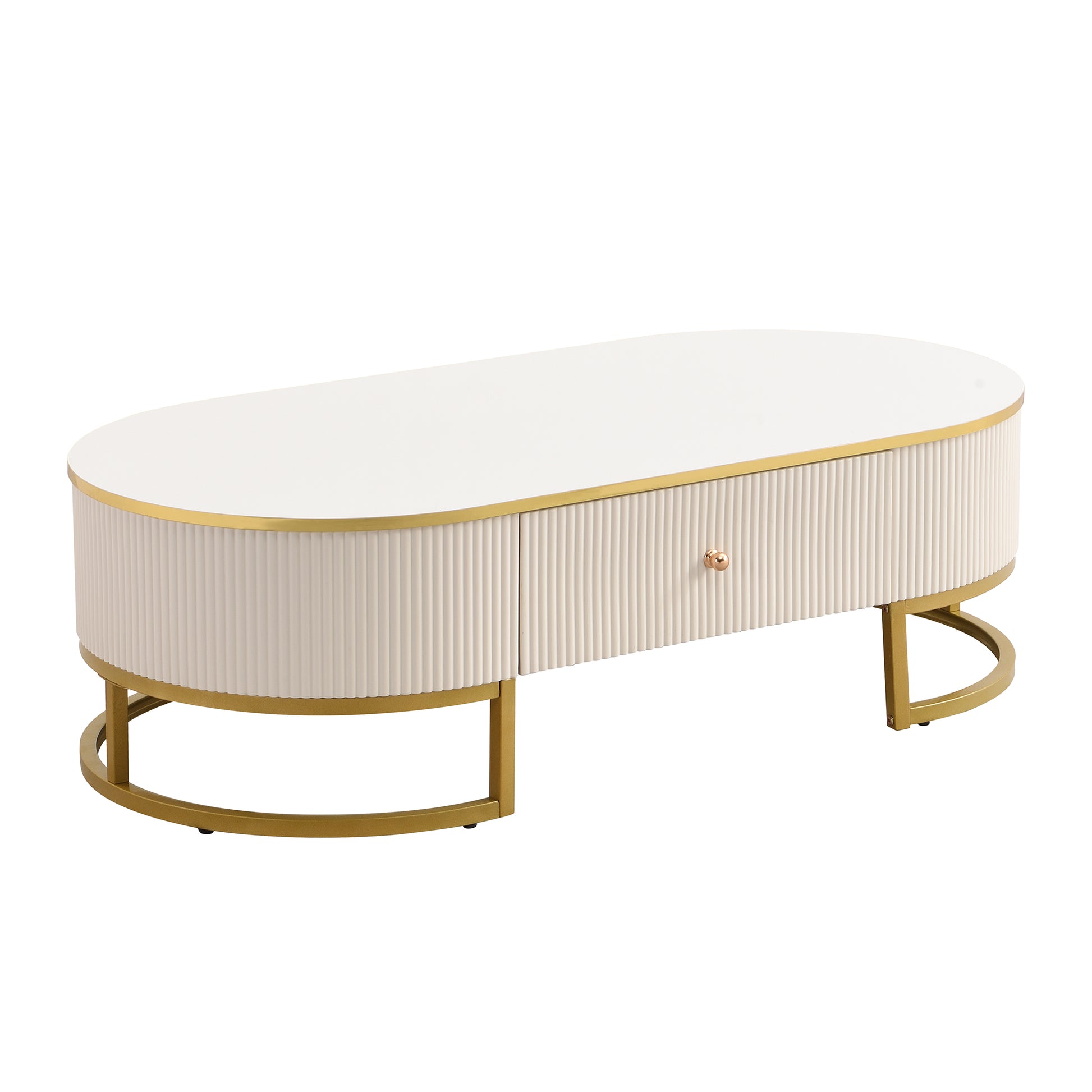 Modern Oval Coffee Table with Drawers,Curved Profile Design, Gold Metal Decor, Center Table for Living Room in 47.2" image 12