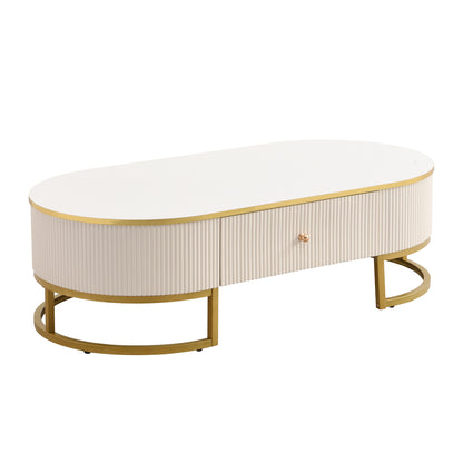 Modern Oval Coffee Table with Drawers,Curved Profile Design, Gold Metal Decor, Center Table for Living Room in 47.2" image 12