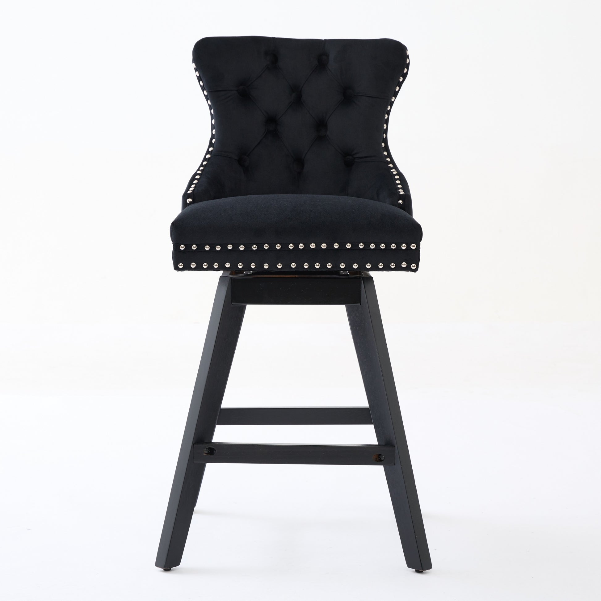 Swivel Velvet Barstools with Button Tufted Decoration and Wooden Legs, and Chrome Nailhead Trim, Leisure Style Bar Chairs,Bar stools, Set of 2 (Black),SW1860BK image 2