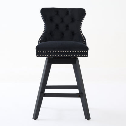 Swivel Velvet Barstools with Button Tufted Decoration and Wooden Legs, and Chrome Nailhead Trim, Leisure Style Bar Chairs,Bar stools, Set of 2 (Black),SW1860BK image 2