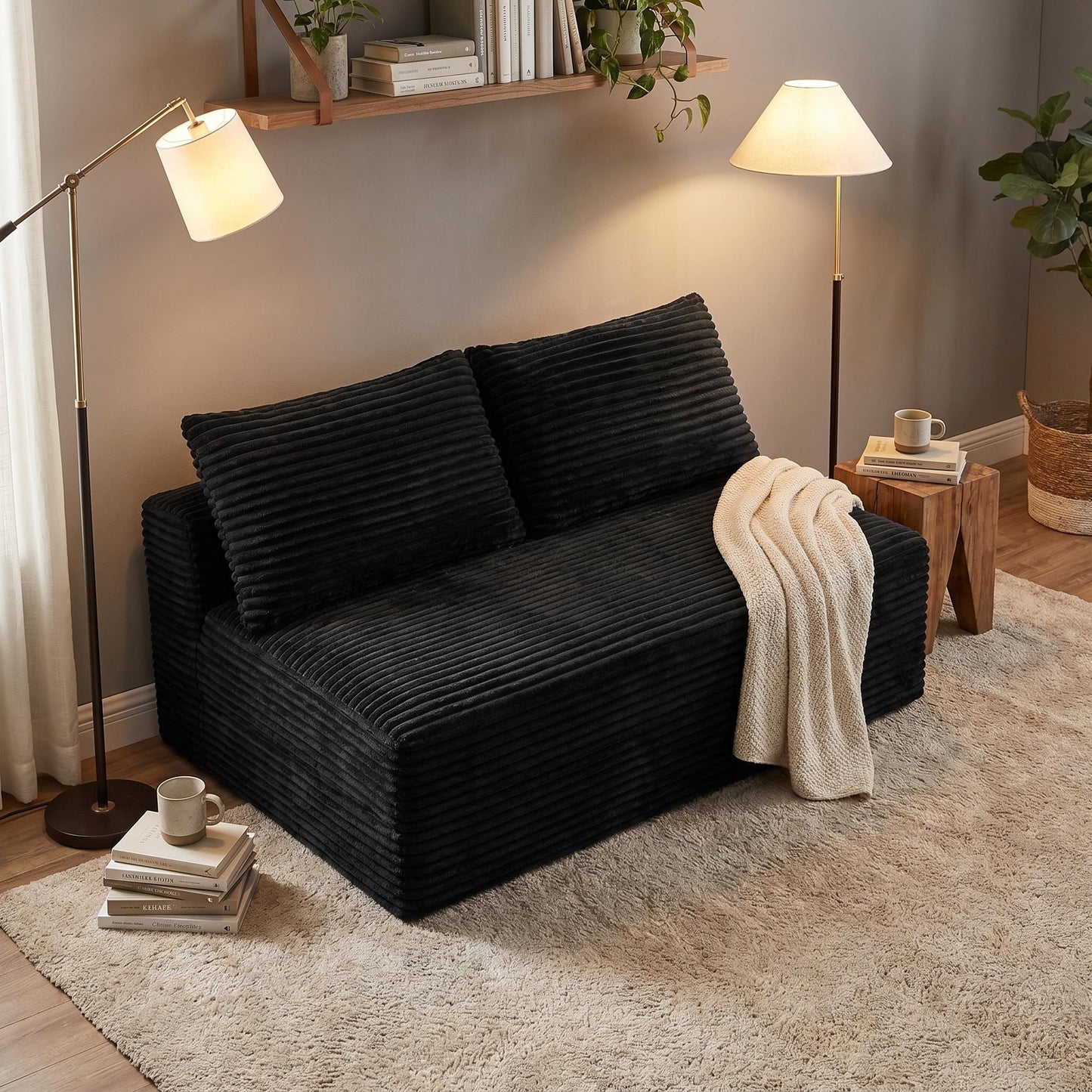 Black Corduroy Ground-Hugging Compressed Loveseat, Armless No-Legs 2-Seater Sofa for Living Room Small Apartment image 1