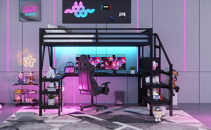 Metal Queen Loft Bed with Wardrobe and LED Light, Queen Size Loft Bed with L Shaped Desk and USB for Kids Teens Adults, Black(Old SKU W2593S00043,Expect Arrival Date 2026/3/7) image 6