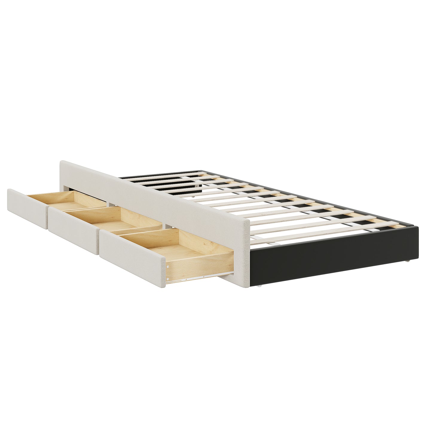 Full Size Upholstered Platform Bed with Twin Size Trundle and 3 Drawers, Linen Fabric, Beige image 11