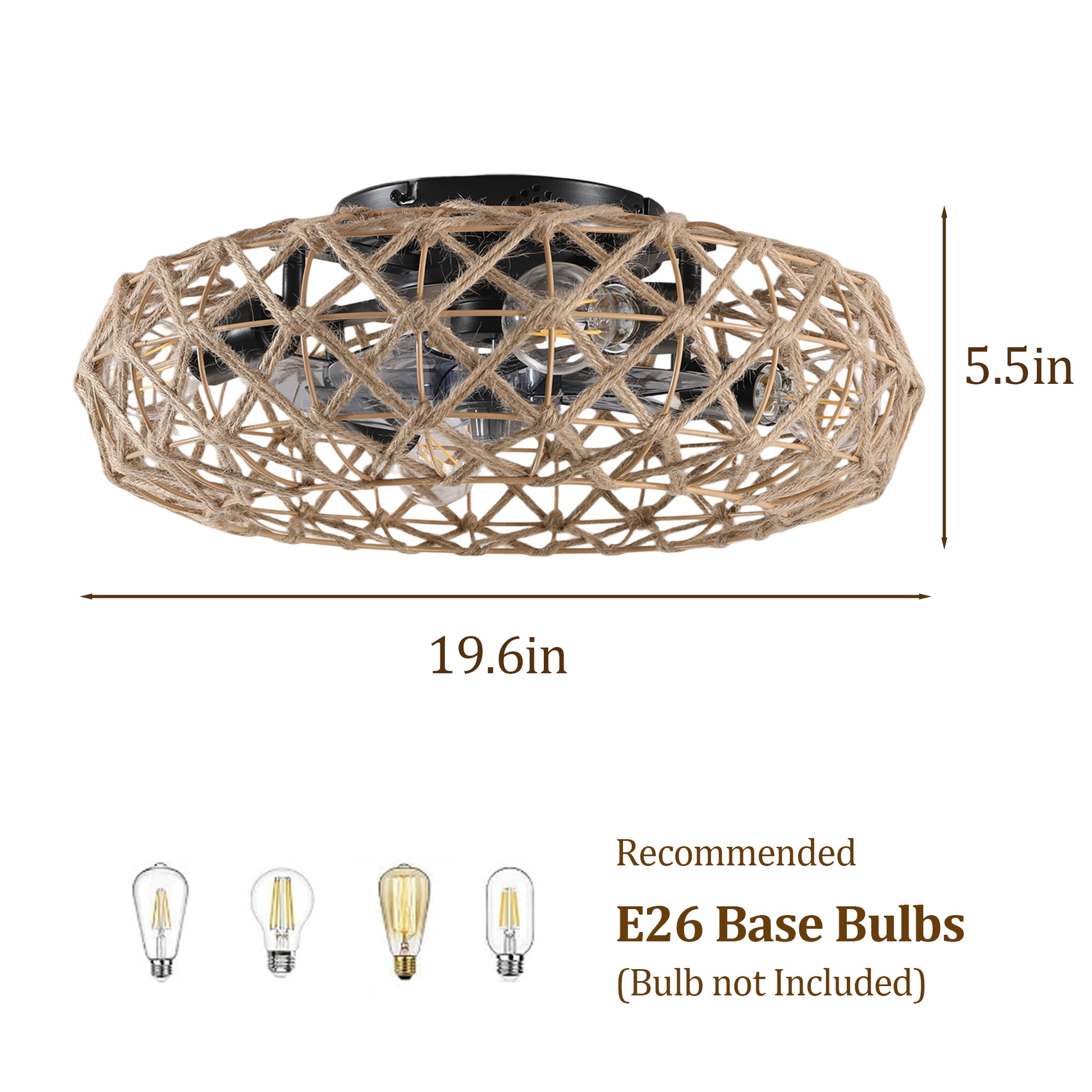 Ceiling-mounted Jute Rope Fan Light Strip with 4 Bulbs, Dimmable, 7 Dlades, Reversible DC Motor image 6