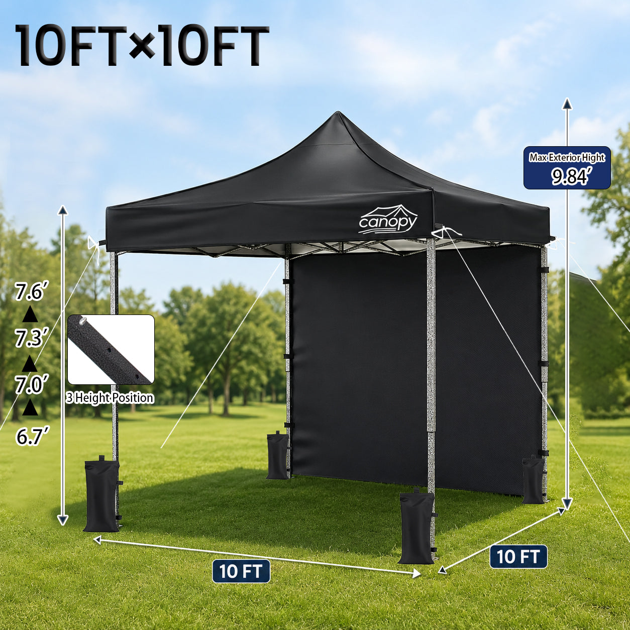 10x10 Pop Up Canopy Tent w/ 1 Sidewall, Black Speckled Steel Frame, Black Silver-Coated Top UPF50+ Water-Resistant, 4 Adjustable Heights (6.7-7.6 ft) Includes Sandbags Stakes Ropes Carry Bag for Beach image 3