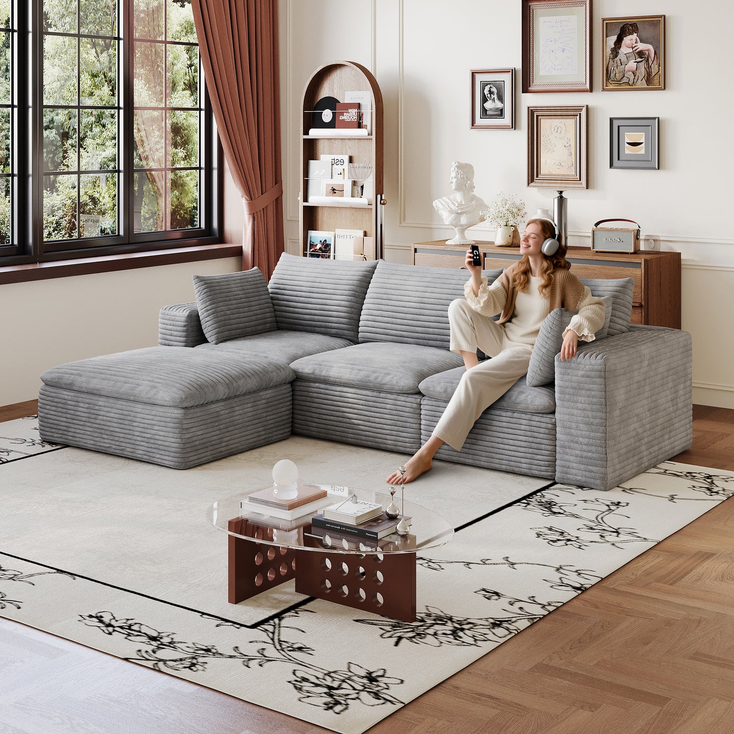 102" Cloud Sofa,Corduroy Fabric,Deep Seat Couches,Double-layer design,Removable Cushion,No Assembly, DIY Combination for Living room, Bedroom,Conference room,Apartment,Grey image 2