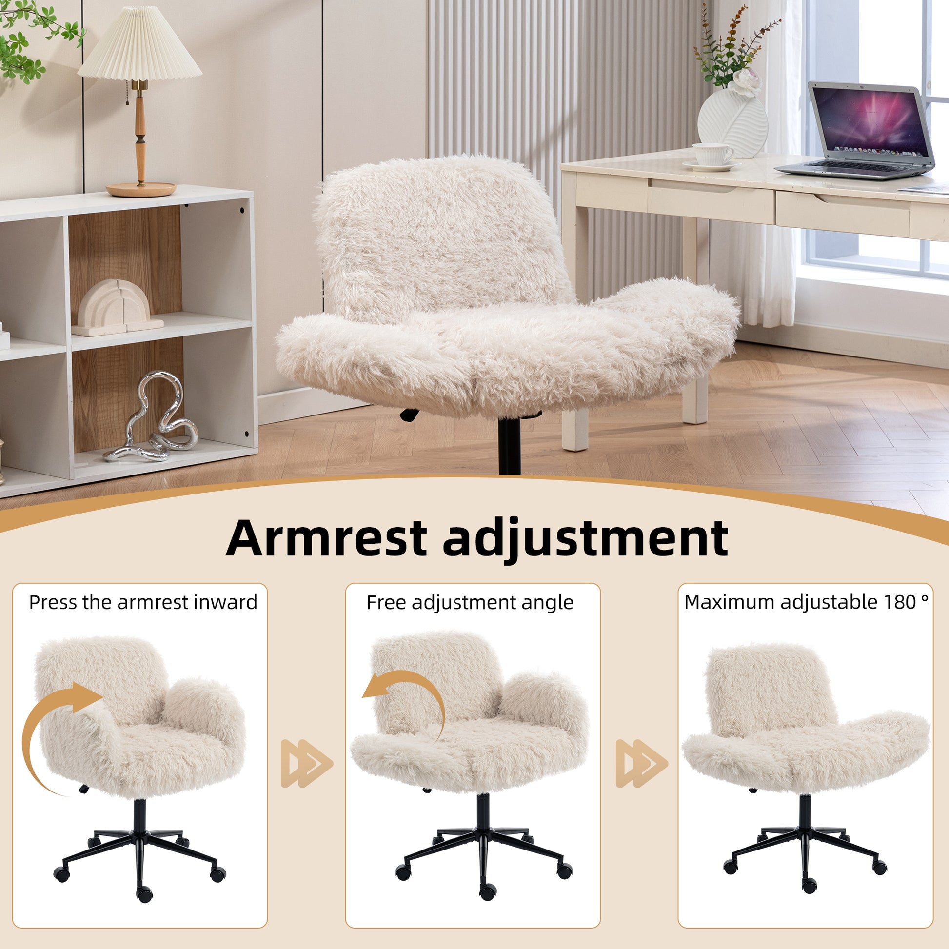 Criss Cross Chair with 5-Gear Adjustable Armrests & Wheels, Ergonomic Thickened Backrest Swivel Desk Chair for Home Office, Vanity, Bedroom and Living Room, Beige Lamb wool image 2
