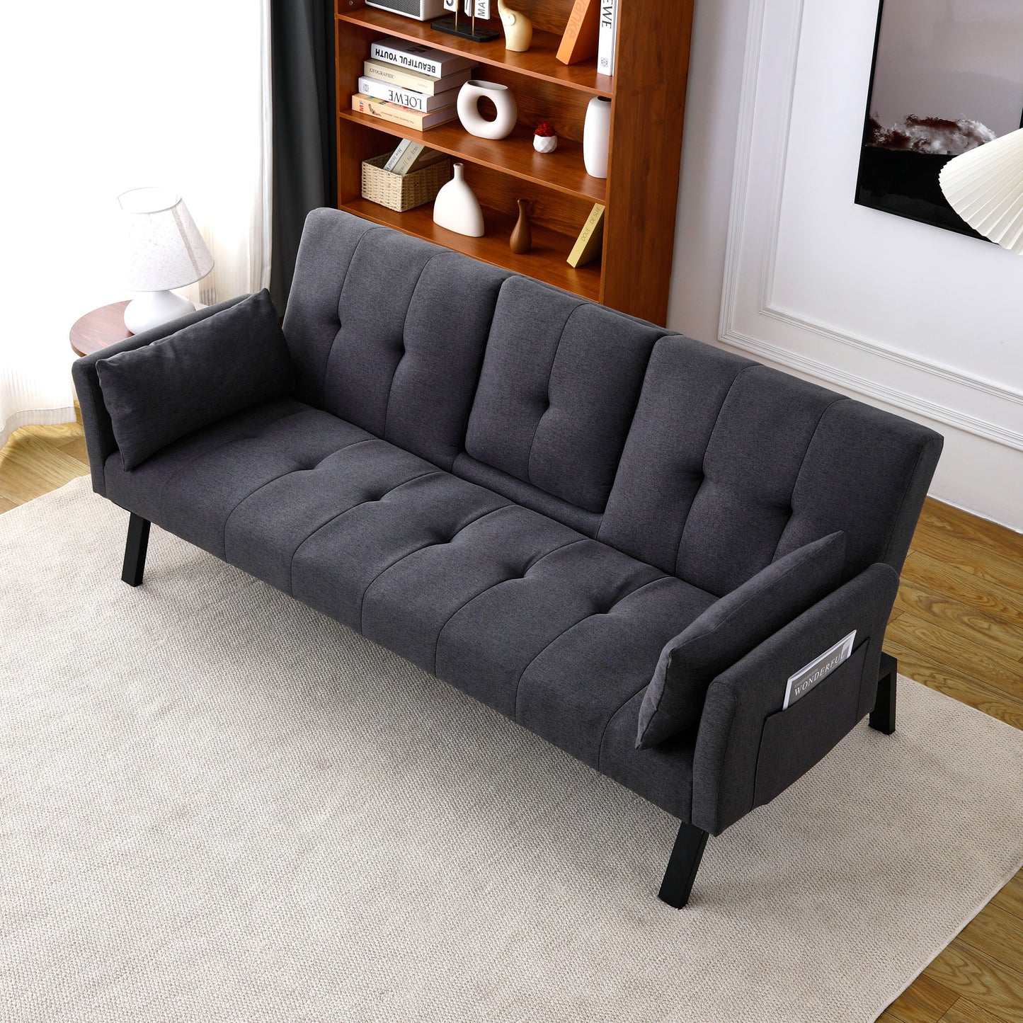 70-inch multi-functional cotton and linen sofa bed: foldable + cup holder + side storage, instantly switch between living room and bedroom image 9