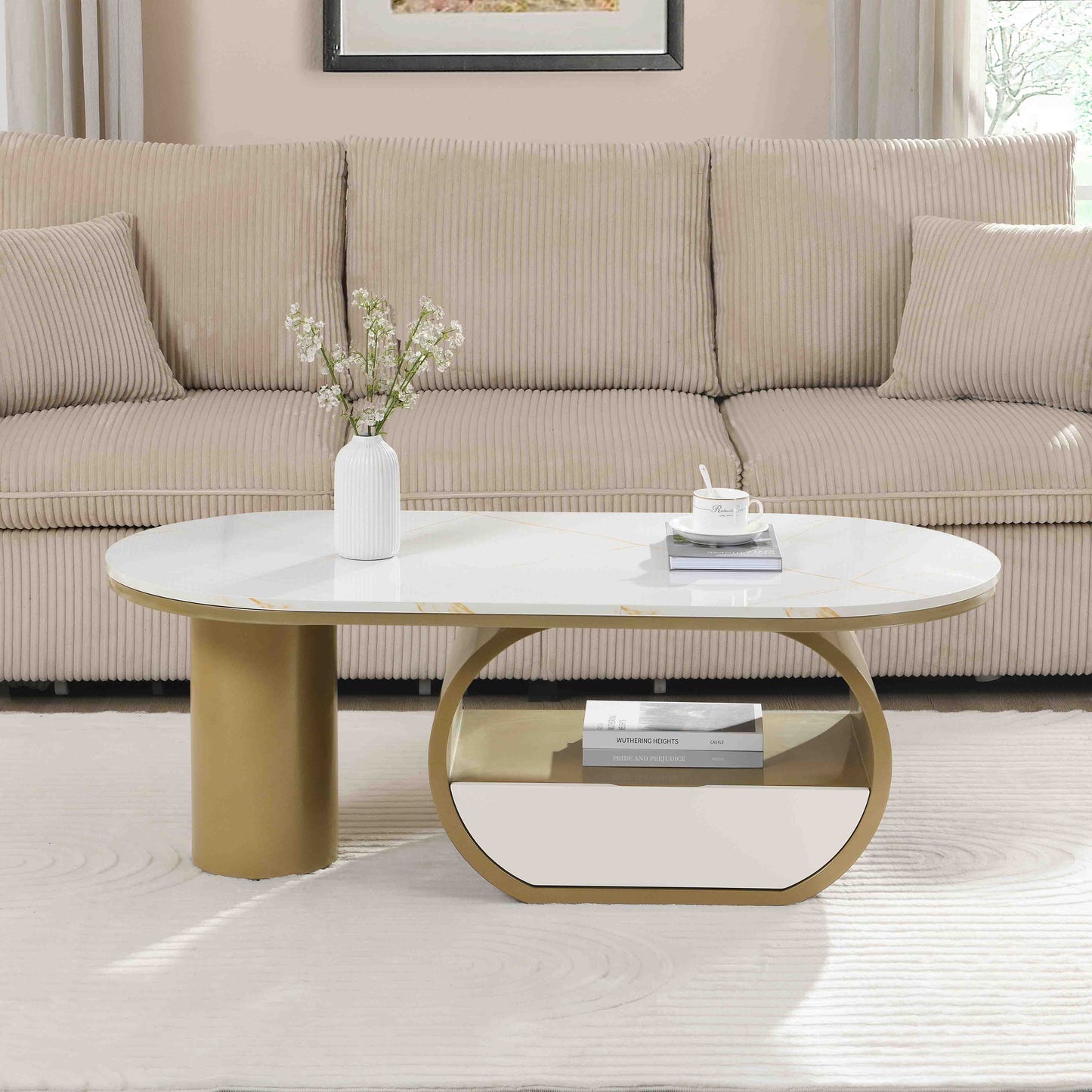 Luxury Modern Oval Coffee Table, 47.24'' Coffee Table with Storage Drawer, Faux Marble Top, Golden Metal Center Table for Living Room image 1