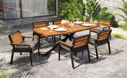 Modern 7-Piece Dining Set, Acacia Wood with Iron Frame, 6 Chairs with Dual-Layer Iron & Wood Seat Frame and Detachable Cushions, Outdoor/Indoor Furniture for Patio and Garden, Gray image 9