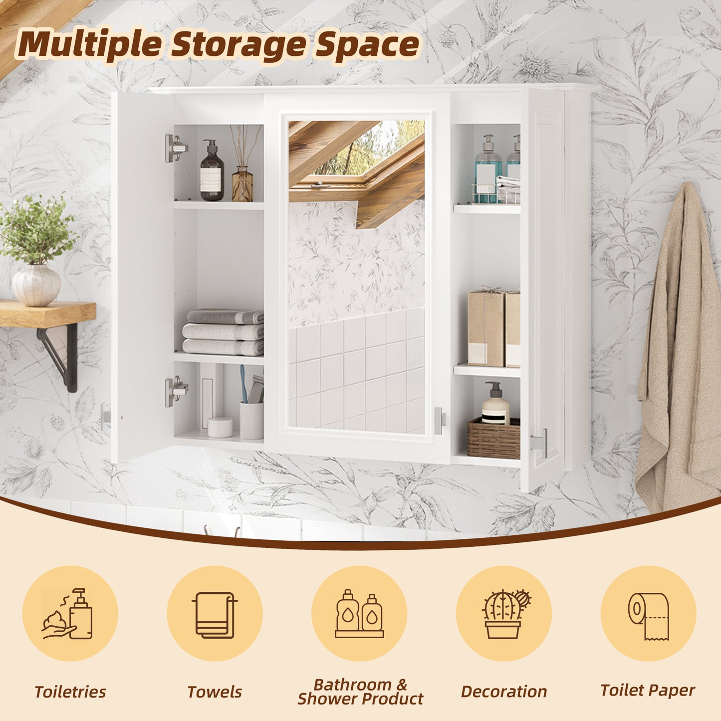 35 inch 2-in-1 Bathroom Wall Cabinet, Wall Mounted Medicine Cabinet with 5 Adjustable Shelves, Mirrored Door Over Toilet Storage Cabinet, White image 5