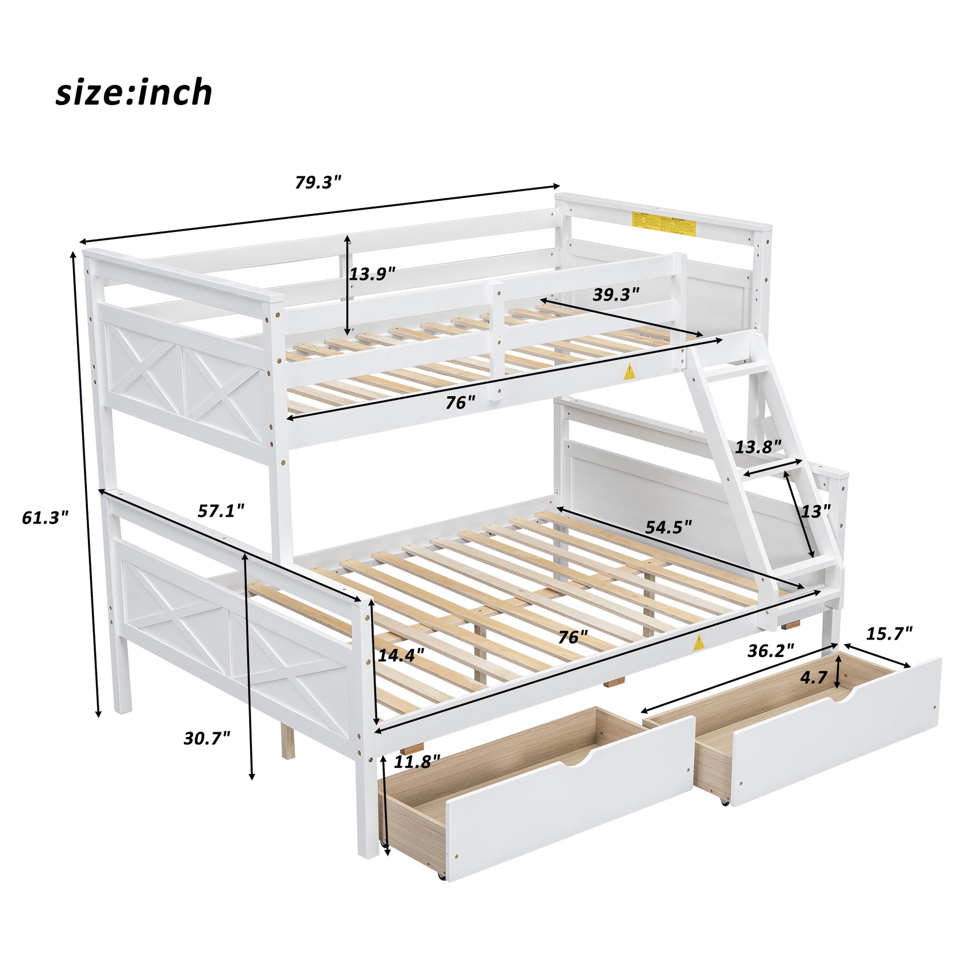 Twin over Full Bunk Bed with Ladder, Two Storage Drawers, Safety Guardrail, White image 10