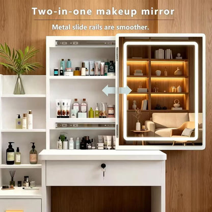 Modern-style white vanity set includes LED-lit mirror, bedroom makeup table with storage and cushioned stool; suitable for teens and adults home dressing rooms/bedrooms image 6