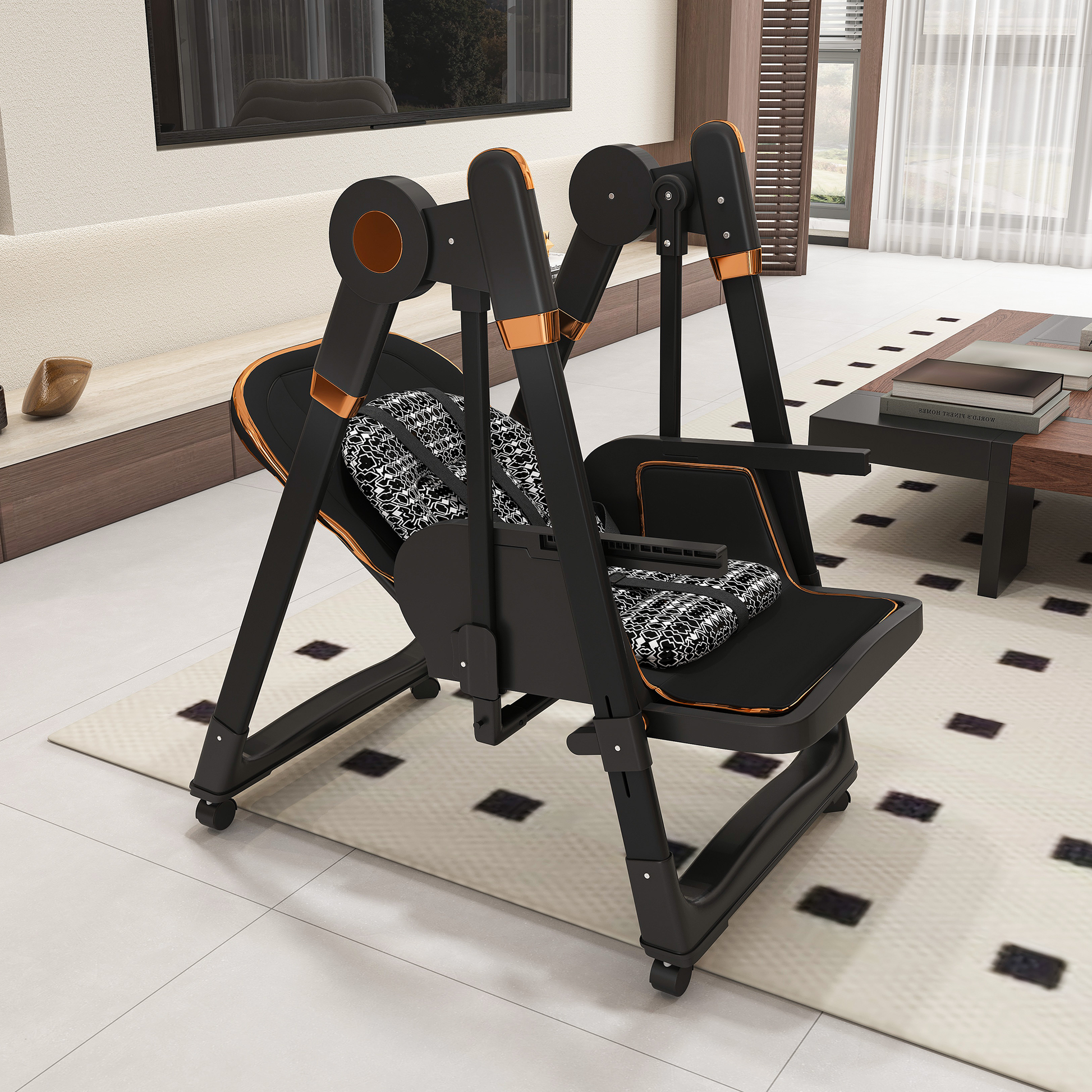 Convertible Baby High Chair to Rocker with 5-Point Harness, Foldable Infant Feeding Chair with Silent Locking Wheels & Removable 2-Tier Easy-Clean Tray for 6M-3Yrs(Black) image 12