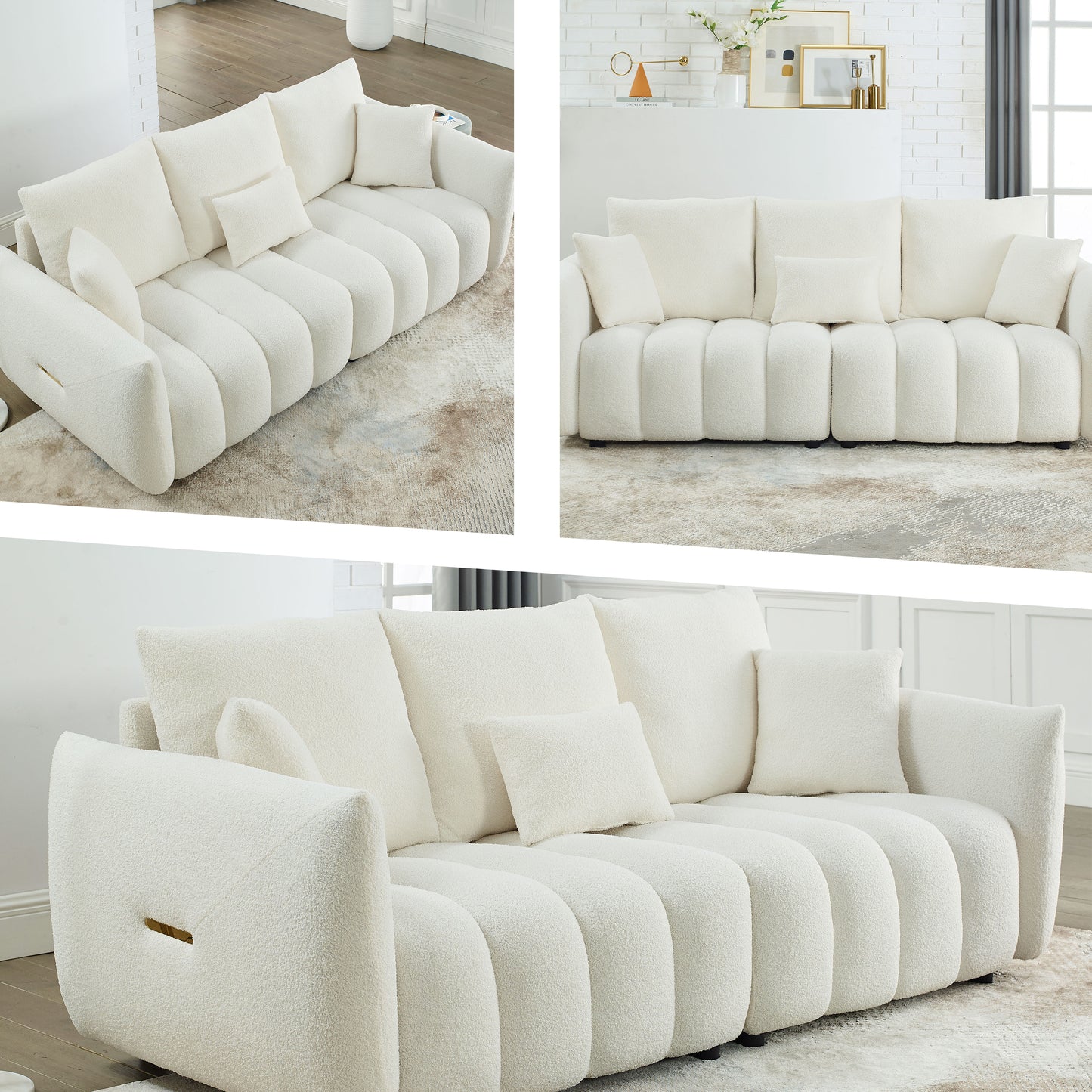 [video] MH 79.5" Premium Teddy fabric Sofa with 3 Back Pillows and 3 back Cushions Solid Wood Frame 3-Seater Sofa, Oversized Upholstered Chair for Living Room, Bedroom, Apartment and Office image 2