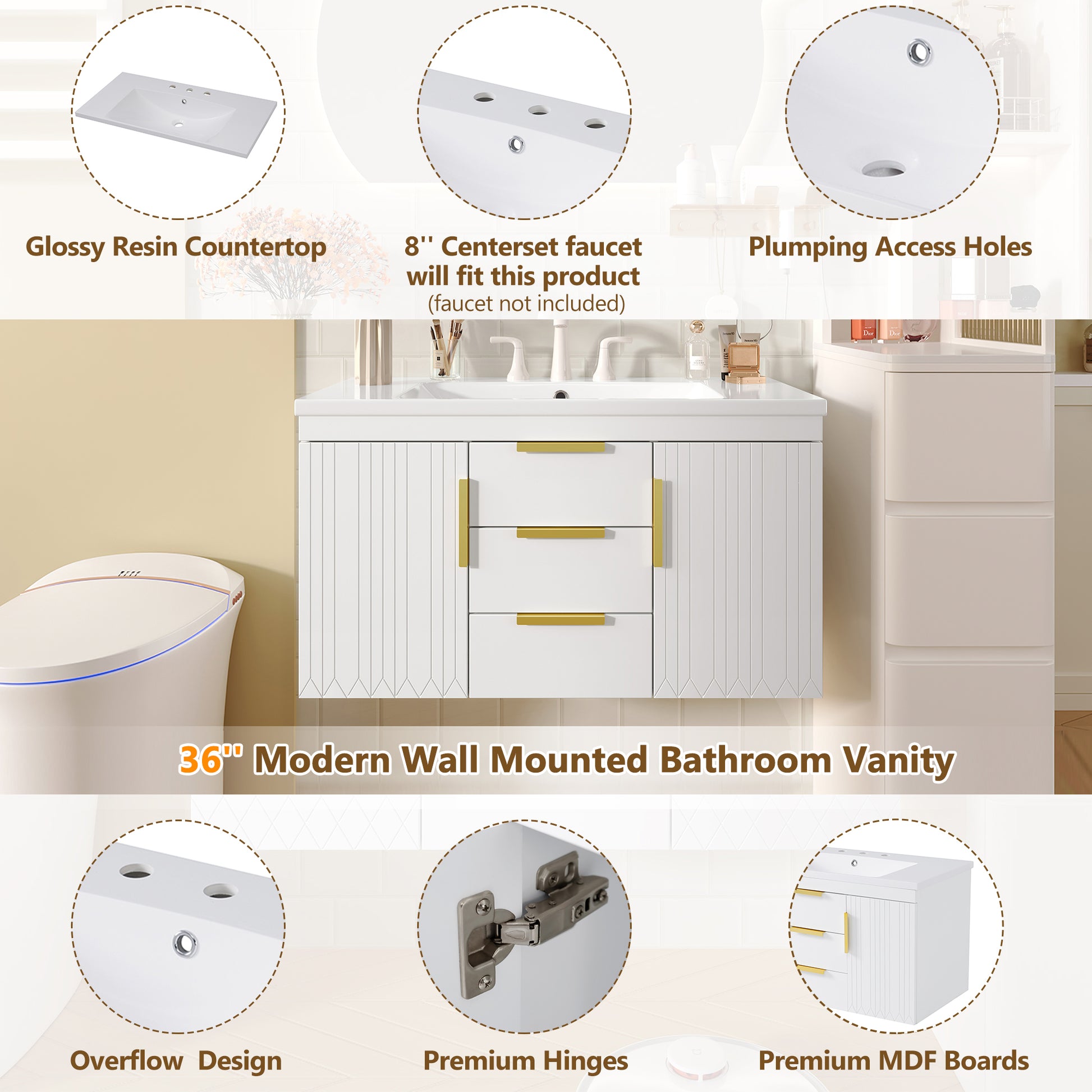 36'' Wall Mounted Bathroom Vanity, Floating Bathroom Storage Cabinet with 2 Drawers, Solid Wood Bathroom Cabinet (Same as N710S236003K) image 7