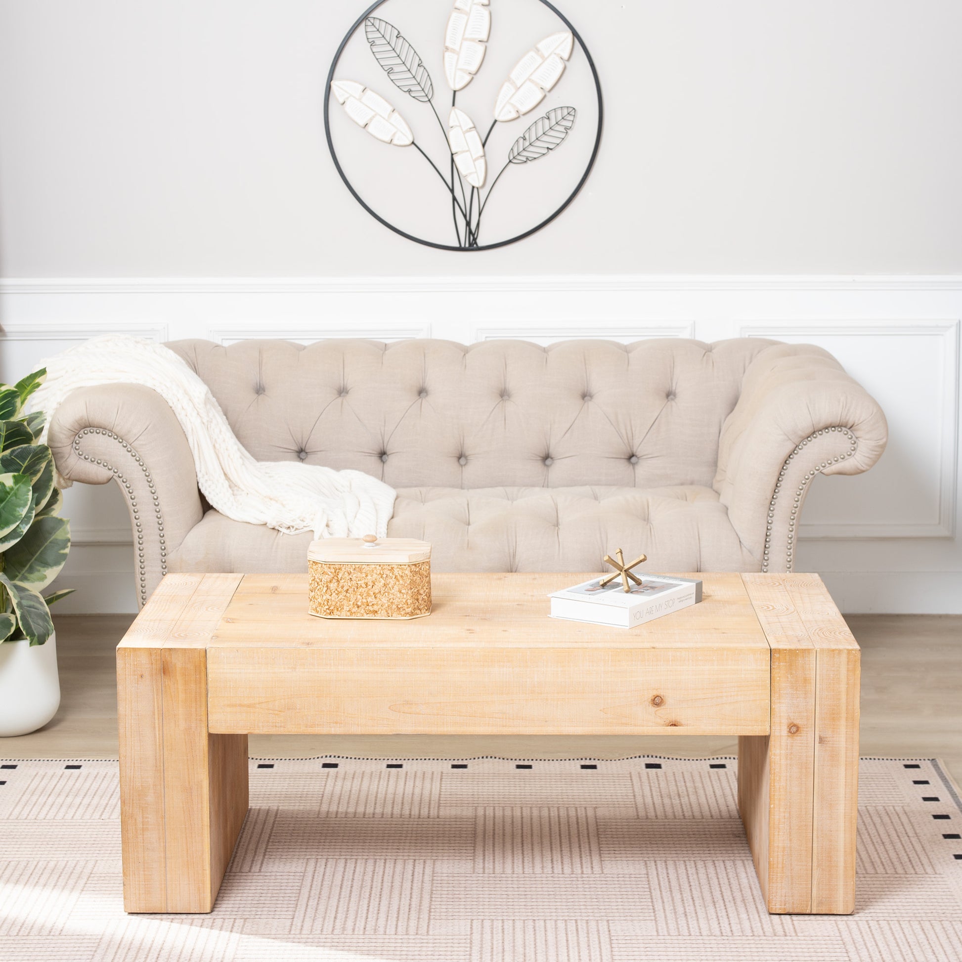 49" Rustic Wood Coffee Table, Engineered Wood Center Table with Whitewashed Finish, Modern Farmhouse Living Room Table image 1