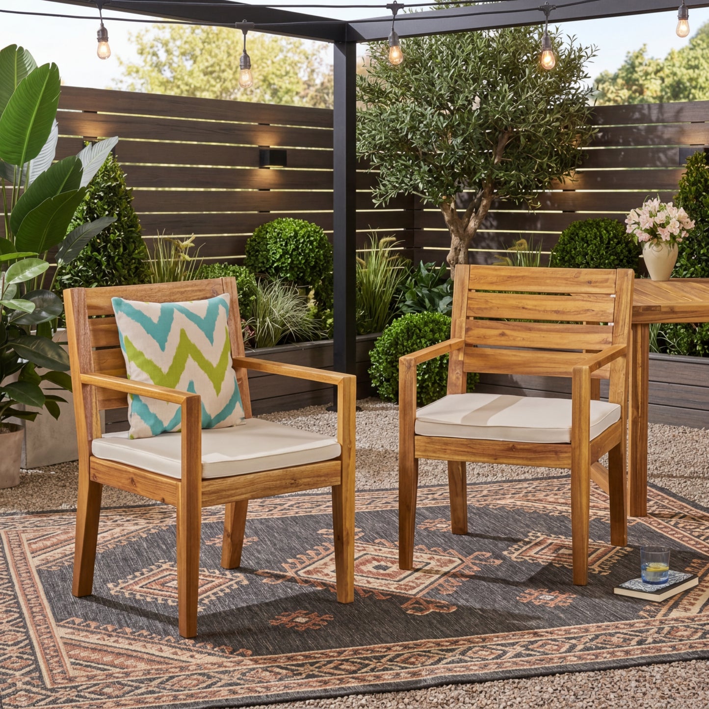 Outdoor Dining Chair Set of 2,Sandblast Natural Stained With Beige Cushion image 2