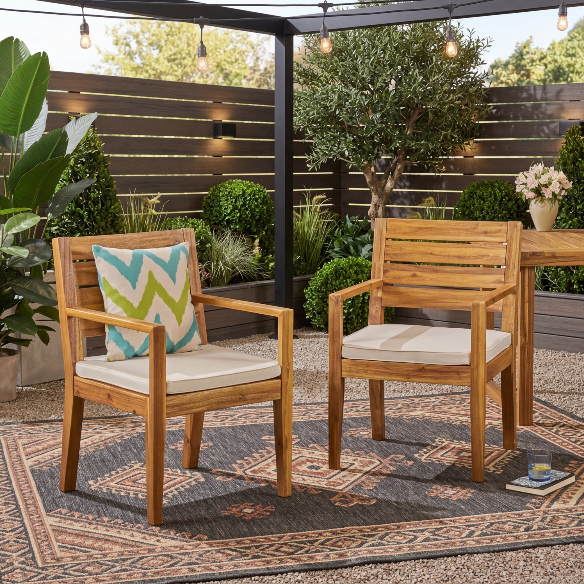 Outdoor Dining Chair Set of 2,Sandblast Natural Stained With Beige Cushion image 2