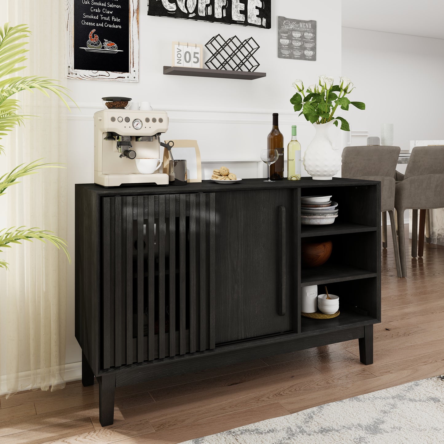 47.3" Sideboard Buffet Cabinet with Storage, Farmhouse Fluted Sideboard with 2 Doors & Solid Wood Feet, TV Media Console, Storage Cabinet for Kitchen Dining Living Room Entryway Hallway, Black image 2