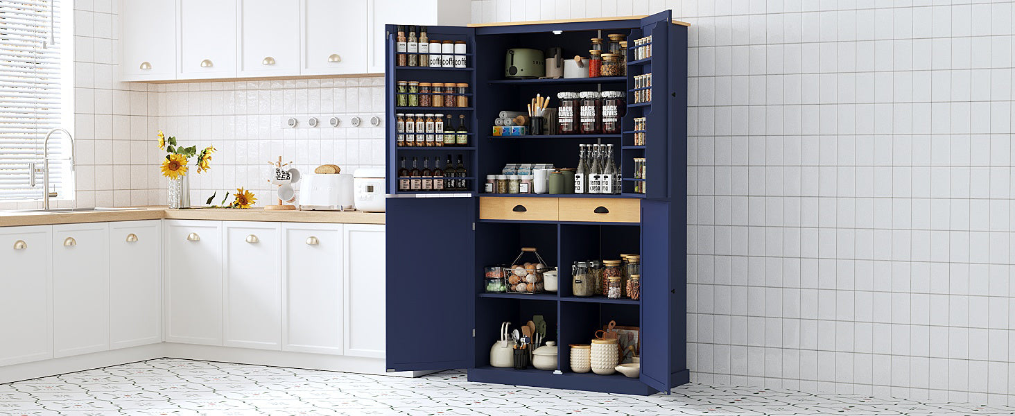 [Assembly Video Provided]TOPMAX 40.2x20x71.3inch High Freestanding Kitchen Pantry Large Cupboard Storage Cabinet with 2 Drawers, 2 Adjustable Shelves, 8 Door Shelves for Kitchen, Dining Room,Blue image 3