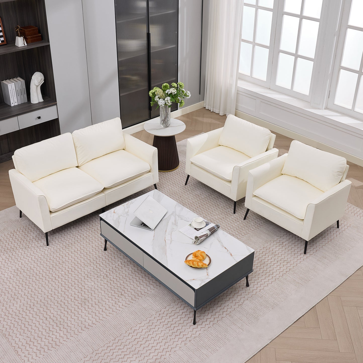 TS Cat paw leather upholstered sofa loveseat,Nordic retro light luxury living room balcony bedroom single casual sofa chair Double sofa + two pack combination(Cream White) image 4