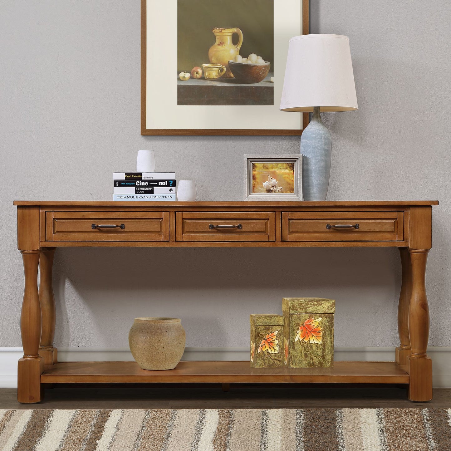 63 inch long wood console table with 3 drawers and bottom shelf - front view