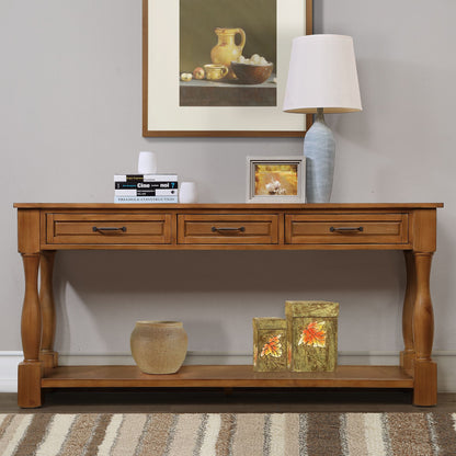 63 inch long wood console table with 3 drawers and bottom shelf - front view