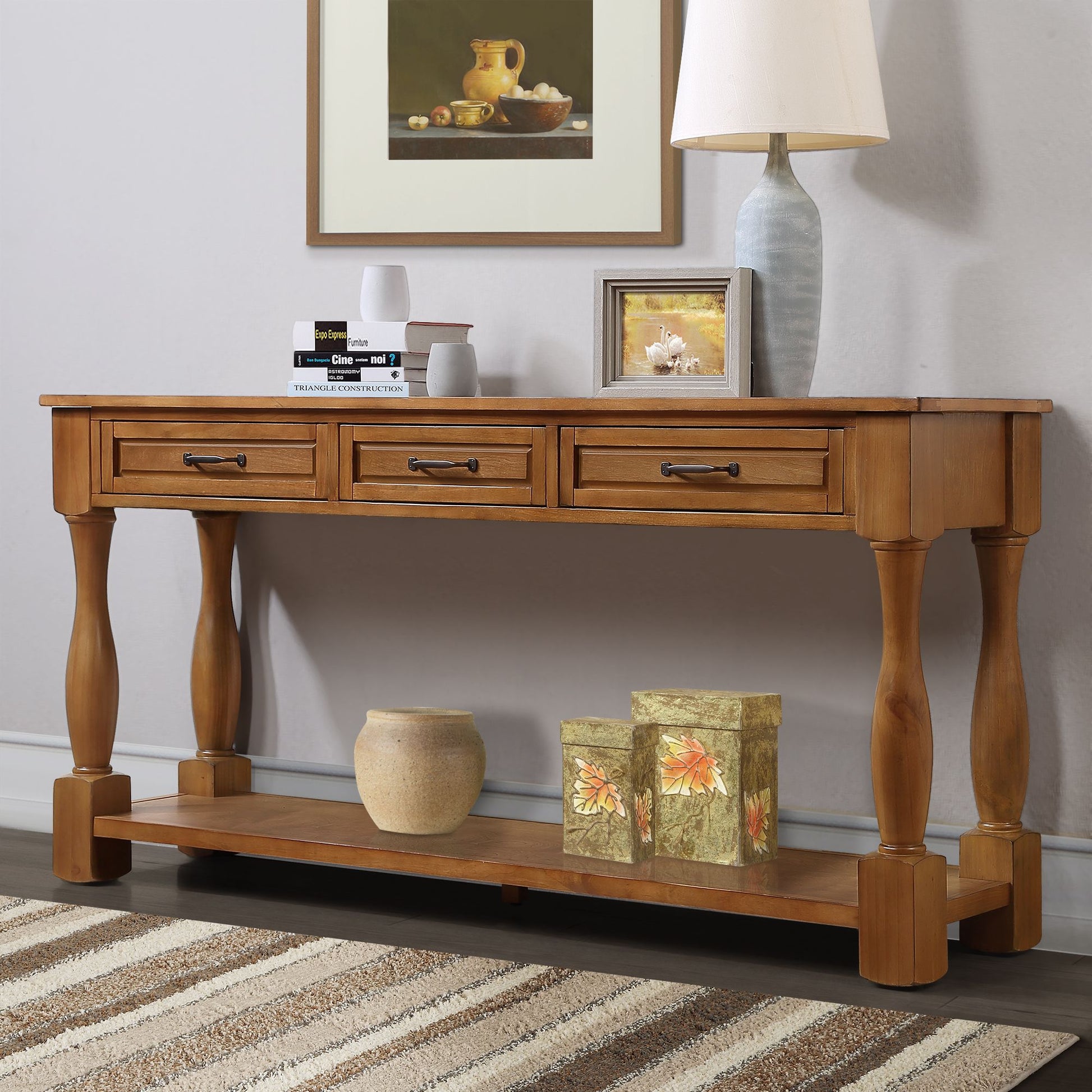 Long console table with 3 drawers and shelf - side view