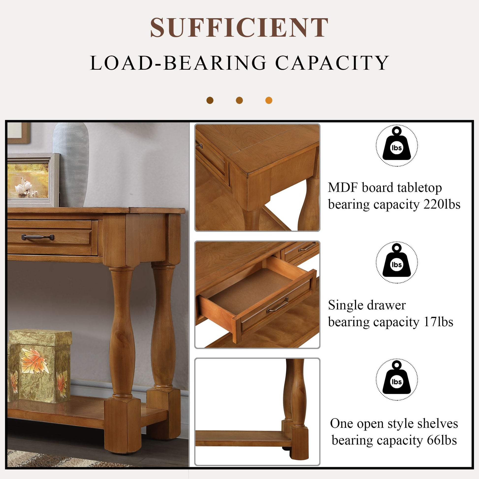 Wood console table with 3 drawers - close up of handle