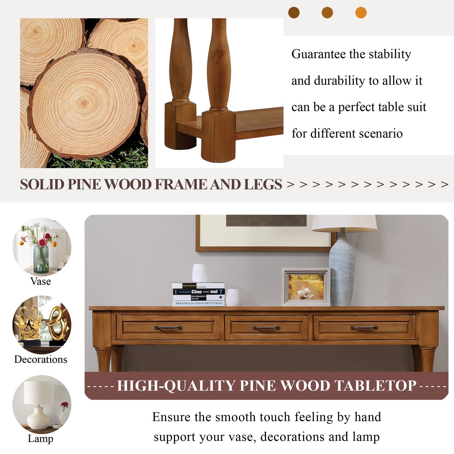 Solid wood entryway table with bottom shelf - detail