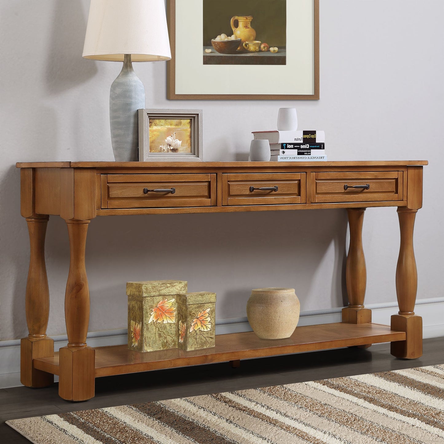 63 inch wood console table with drawers - angled view
