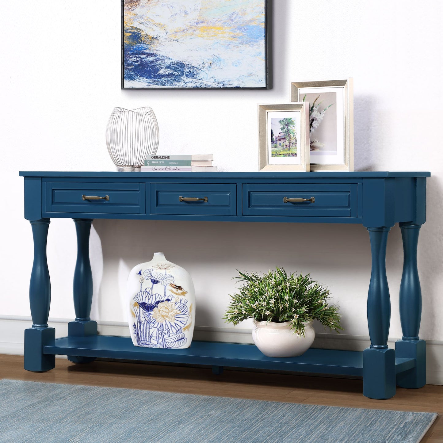 Console table with 3 drawers and shelf navy blue side view
