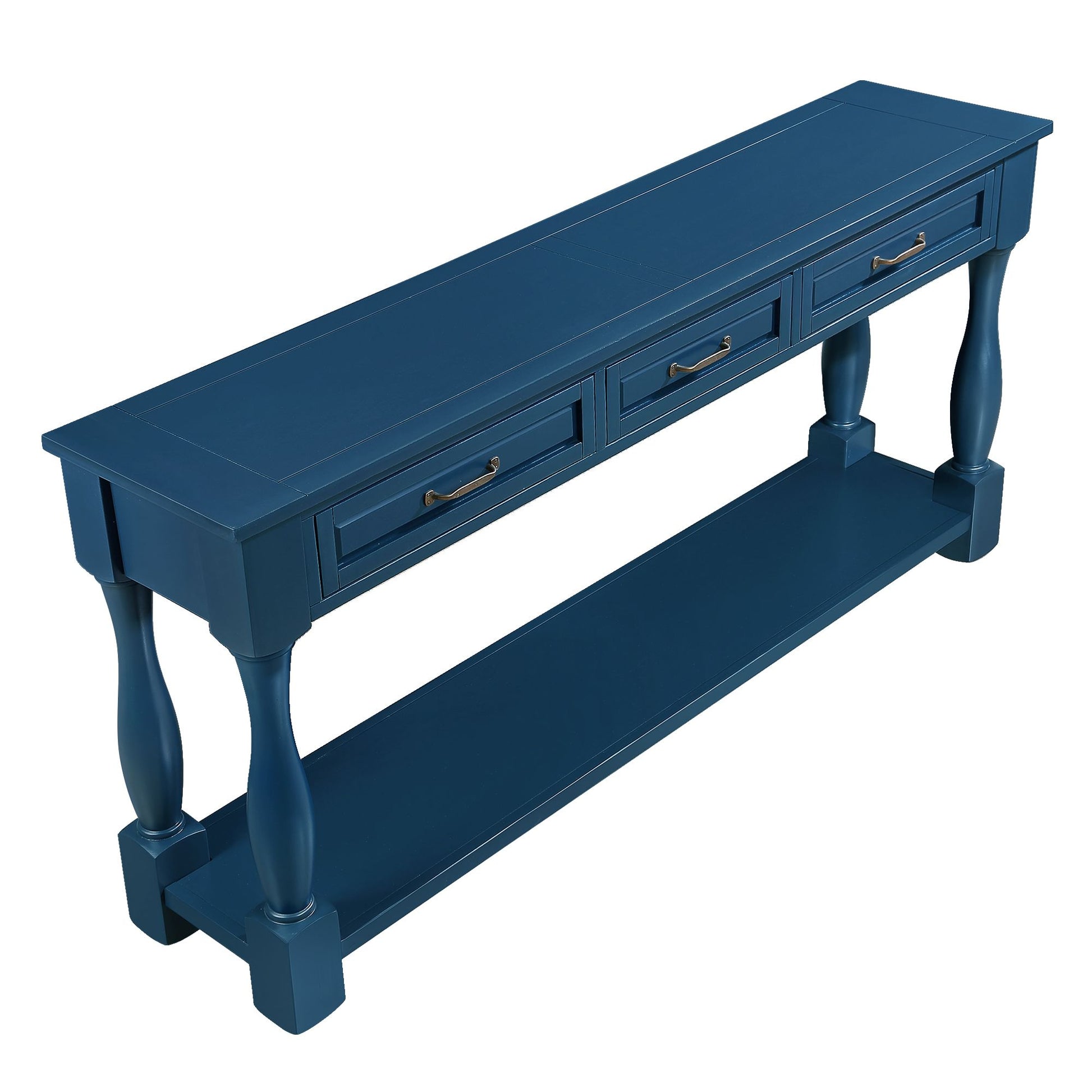 Entryway console table with 3 drawers navy blue close up of handle