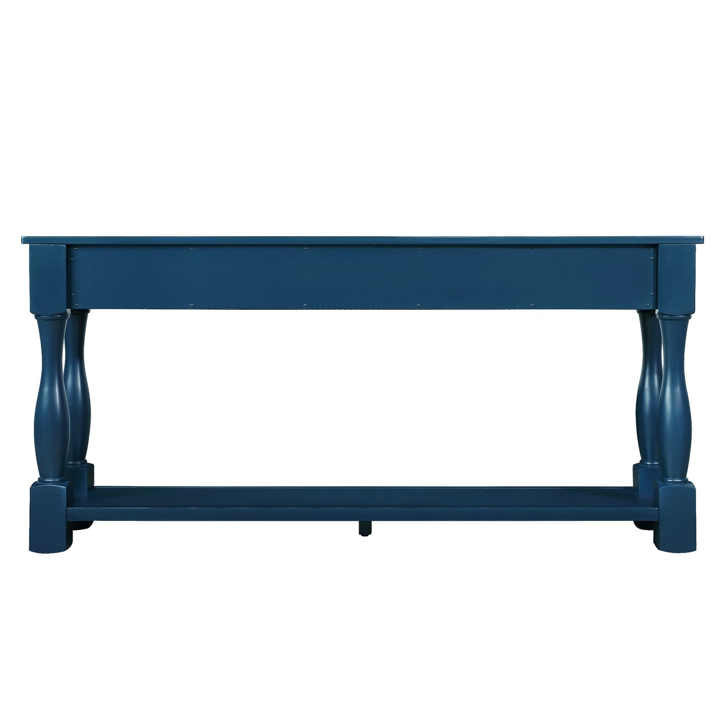 Wood console table navy blue with open drawer showing storage