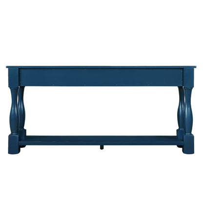Wood console table navy blue with open drawer showing storage