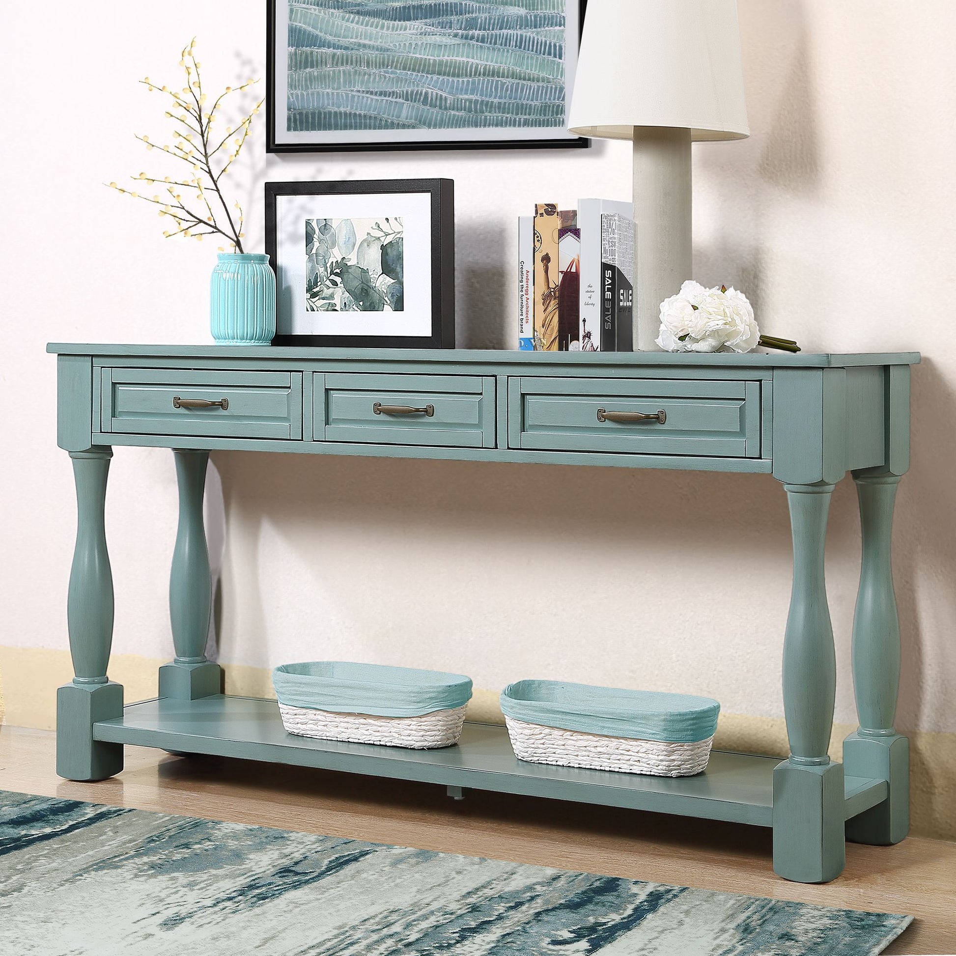 Wood console table with 3 drawers retro blue side view