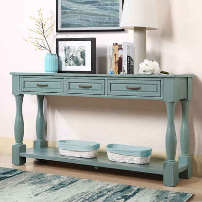 Wood console table with 3 drawers retro blue side view