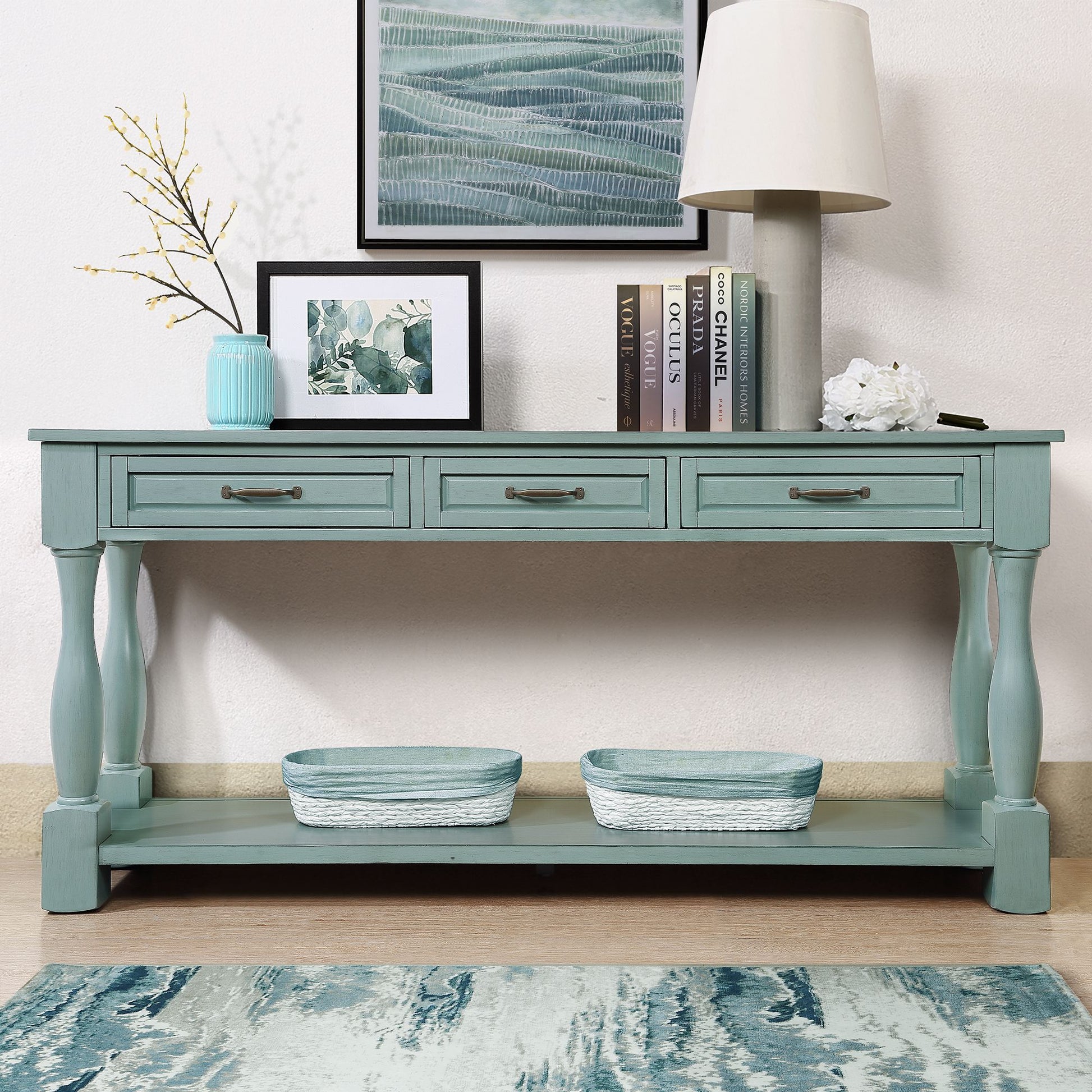 63 inch wood console table with 3 drawers and bottom shelf retro blue front view