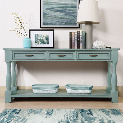 63 inch wood console table with 3 drawers and bottom shelf retro blue front view
