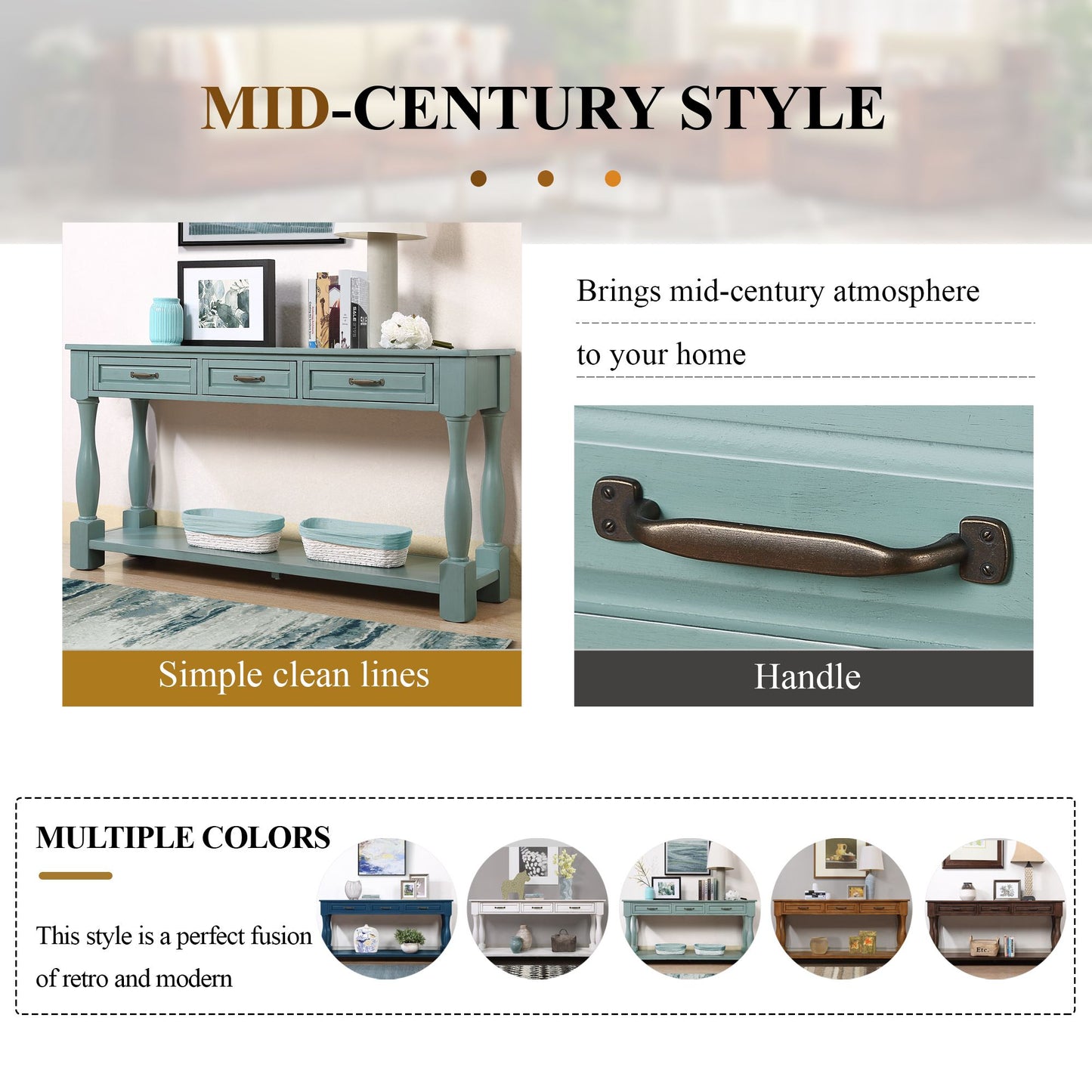 Console table with bottom shelf retro blue open drawer