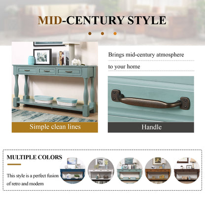 Console table with bottom shelf retro blue open drawer