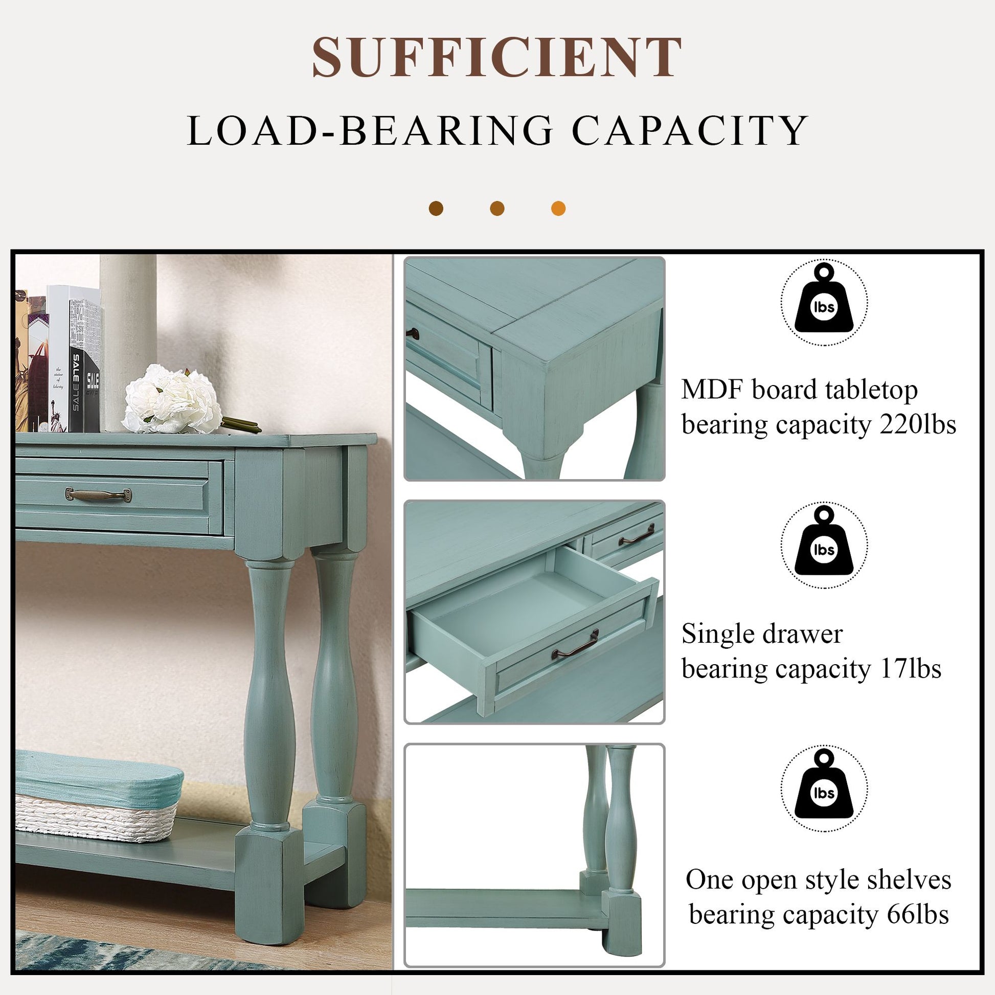 Entryway console table with drawers retro blue detail