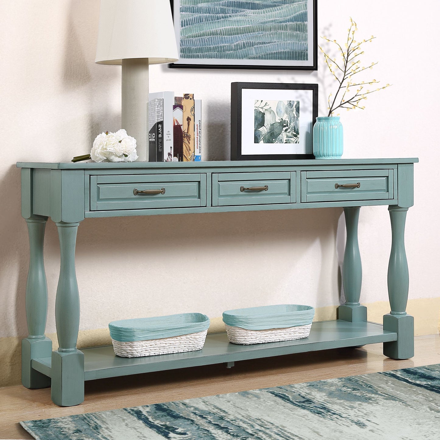 63 inch console table with drawers retro blue angled view