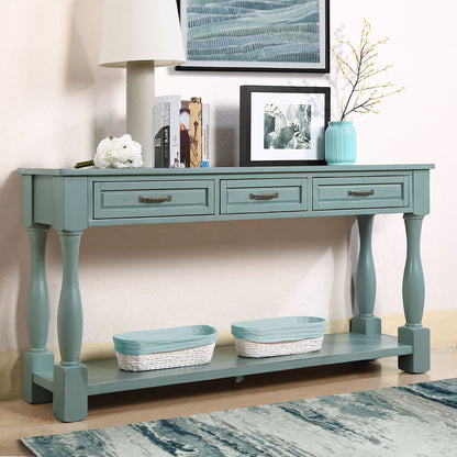 63 inch console table with drawers retro blue angled view