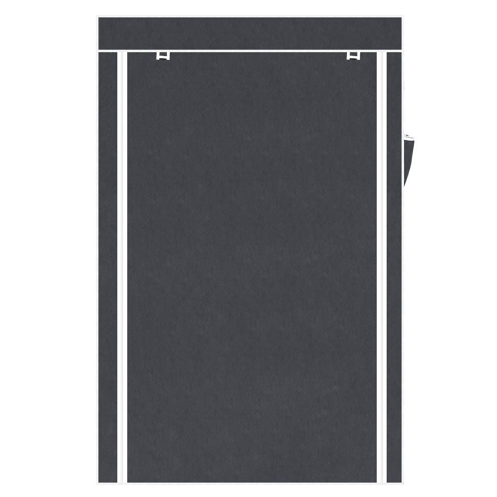 Portable wardrobe closet with hanging rod and shelves - side view